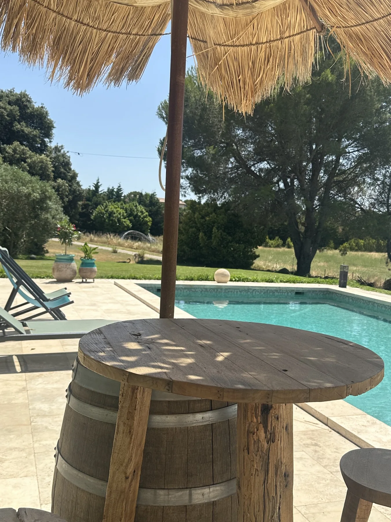 Terrasse ombragée avec vue sur la piscine